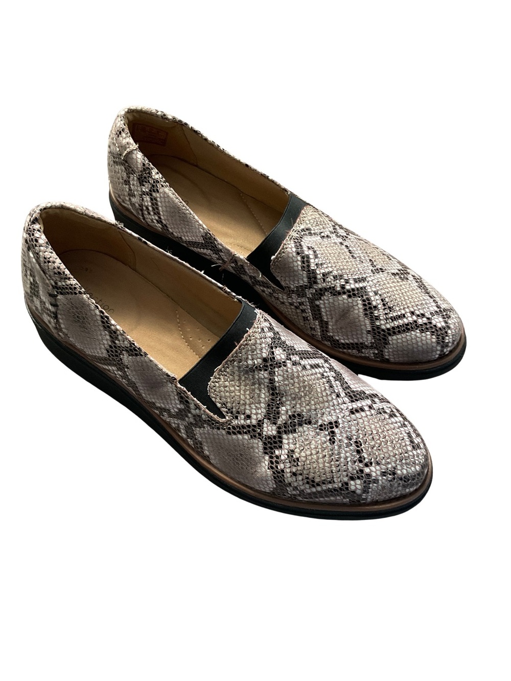 Clarks Snake-Print Slip-On Loafers in Beige and Black